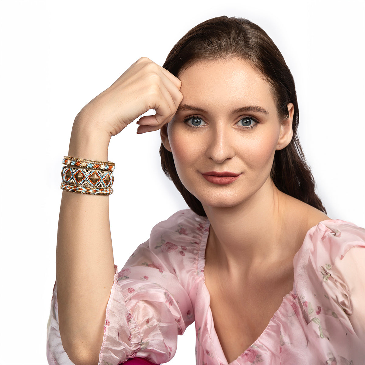 Model wearing Deepa by Deepa Gurnani Handmade Sochee Bracelet in multi color