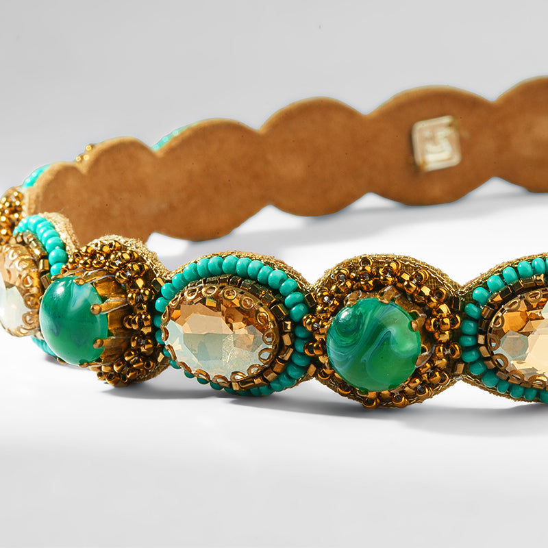 Close up of Deepa Gurnani Pret Zenia Headband in Turquoise
