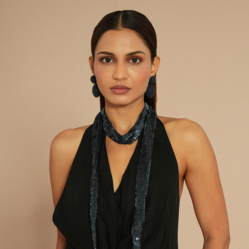 Model wearing Deepa Gurnani Lashana Earrings in Navy