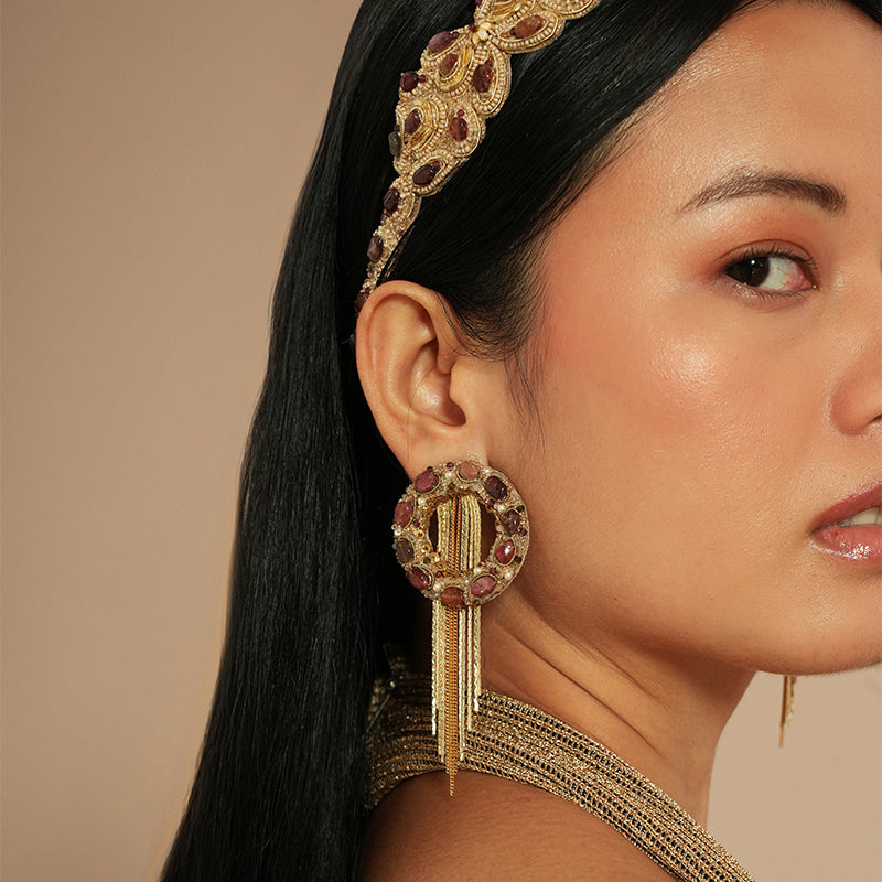 Model wearing Deepa Gurnani Banni Earrings in Tan
