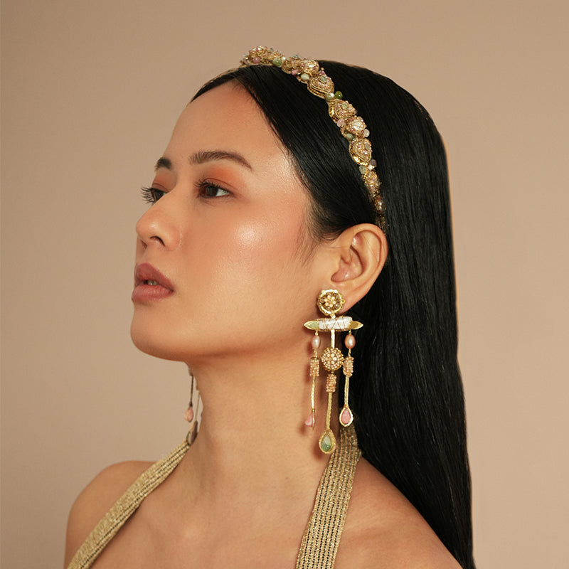 Model wearing Deepa Gurnani Sakir Earrings in Pastel Multi color