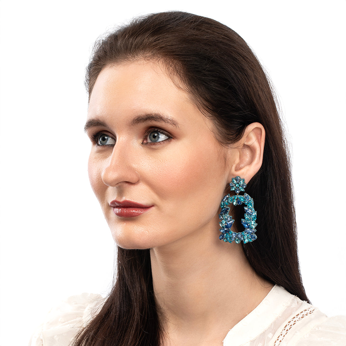 Model wearing Deepa By Deepa Gurnani handmade Anushka Earrings in turquoise color