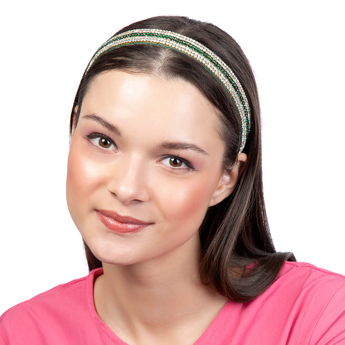 Model wearing Deepa by Deepa Gurnani Handmade Daniella Headband in Emerald color