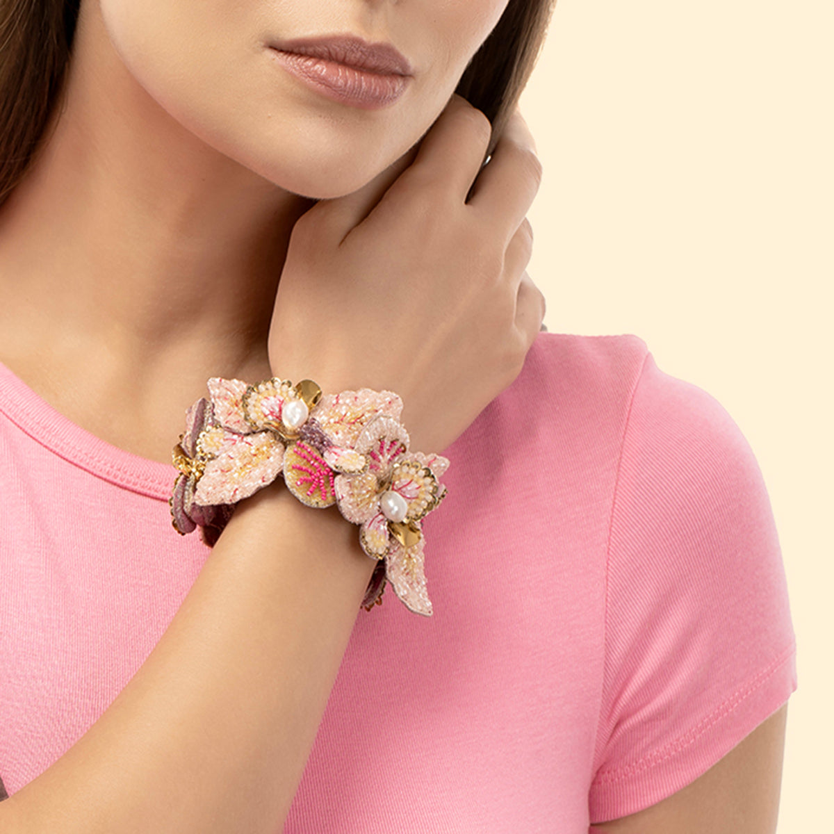 Model wearing handmade luxury Primrose Cuff