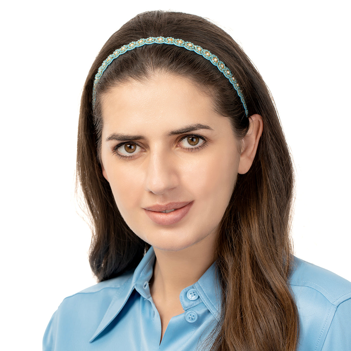 Model wearing our Deepa by Deepa Gurnani Handmade Turquoise Auli Headband