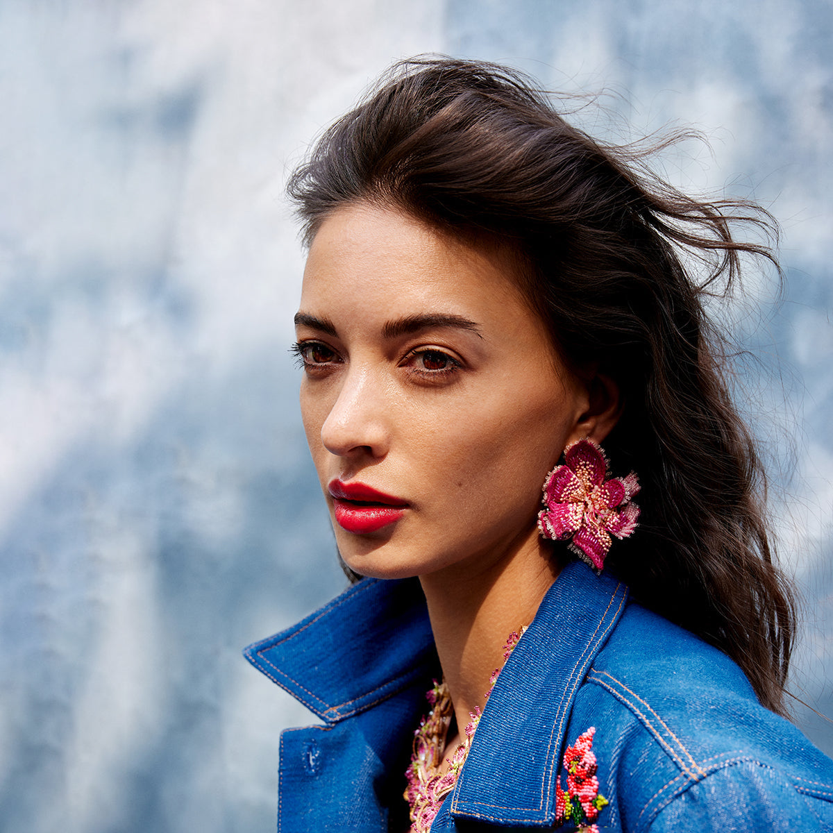 Model wearing handmade luxury Azealia Earrings