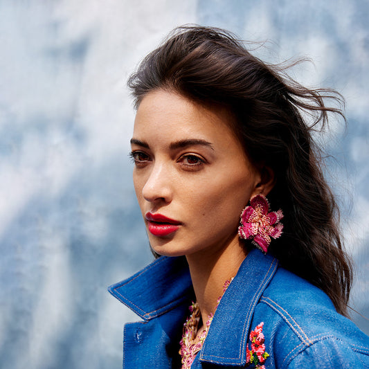 Model wearing handmade luxury Azealia Earrings