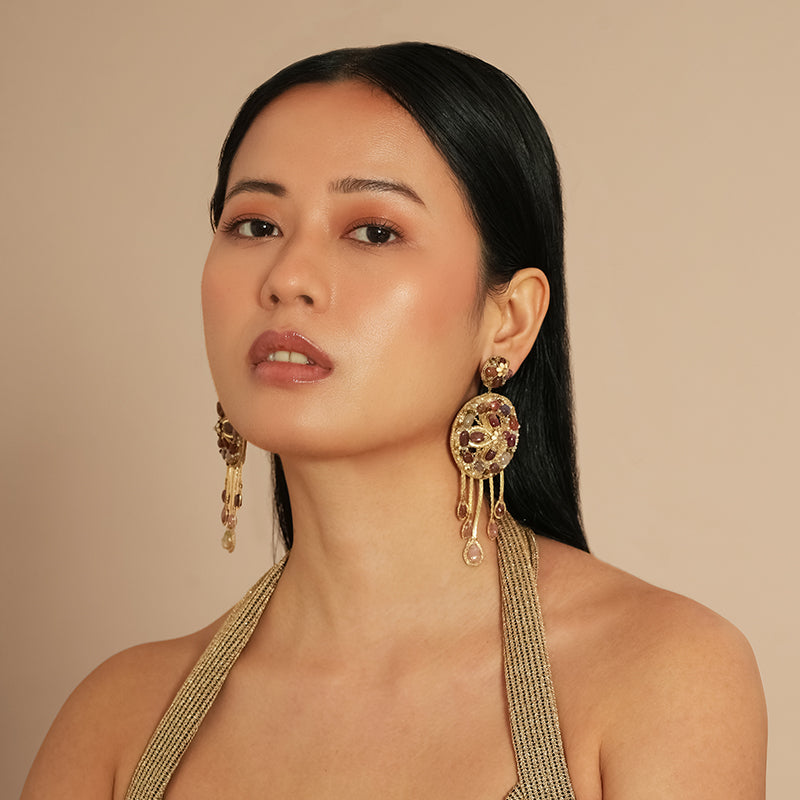 Model wearing Deepa Gurnani Kala Earrings in Tan color