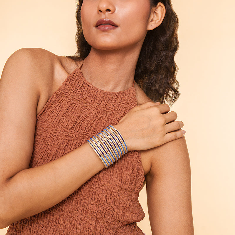 Model Wearing Handmade Deepa by Deepa Gurnani Susan Cuff in Blue color