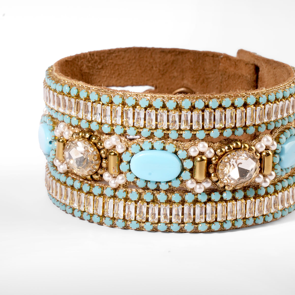 Close up of Deepa Gurnani Pret Harva Bracelet in Turquoise color