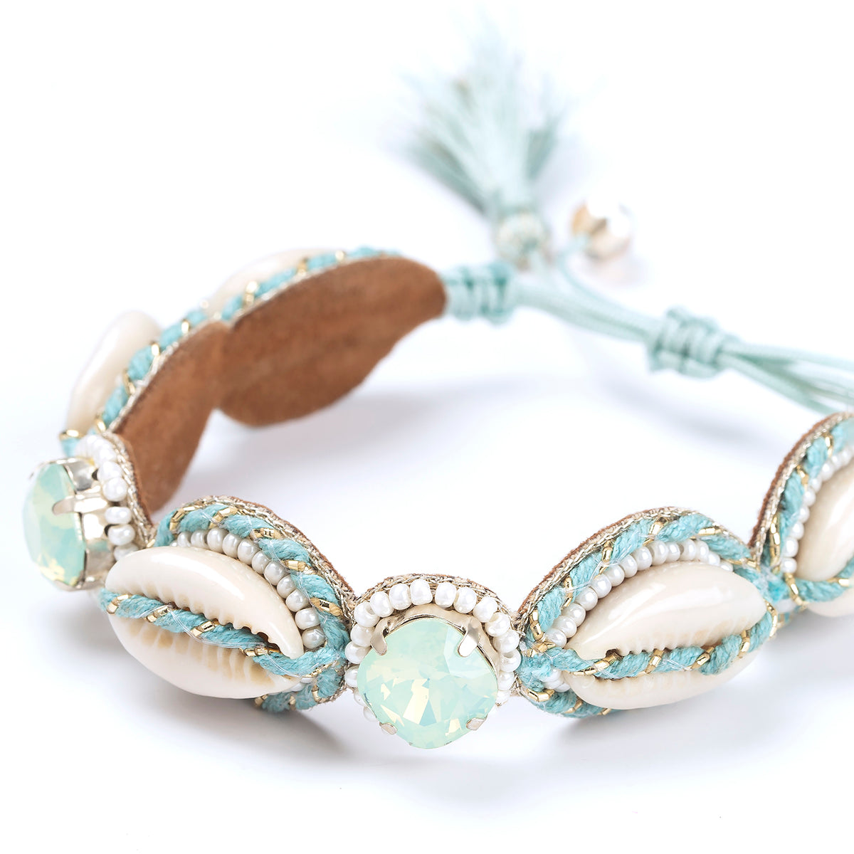 Shell and crystal pull cord bracelet
