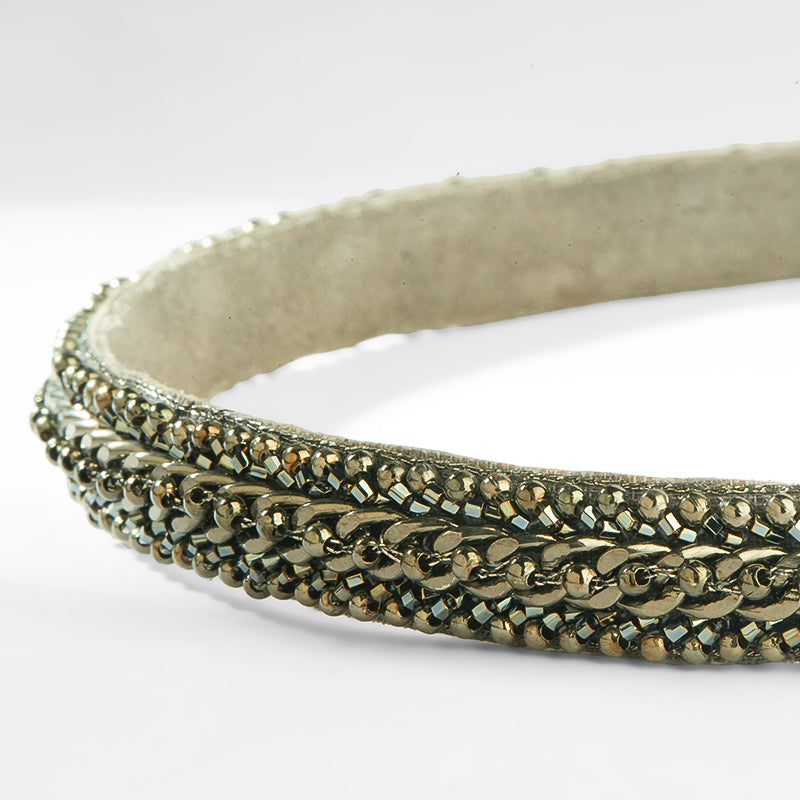 Close up of Deepa Gurnani Pret Maran Headband in Gunmetal