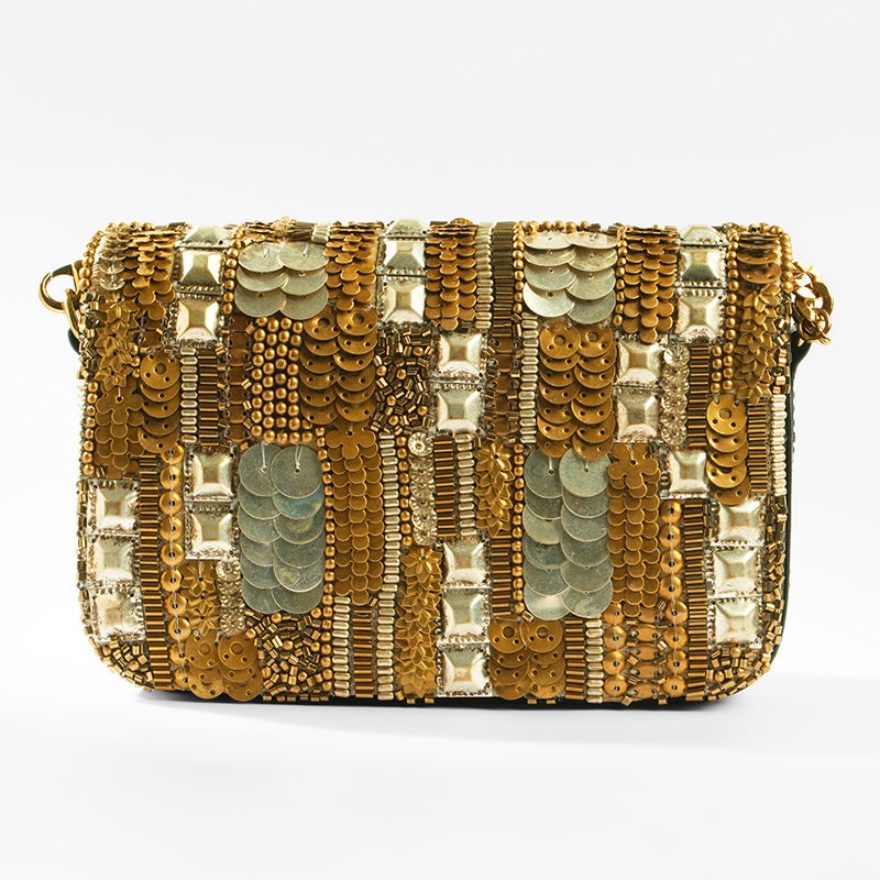 Deepa Gurnani Vahana Clutch in Gold Silver 
