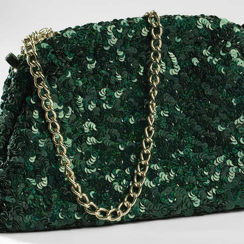 Close up of Deepa Gurnani Hermia Clutch in Emerald color