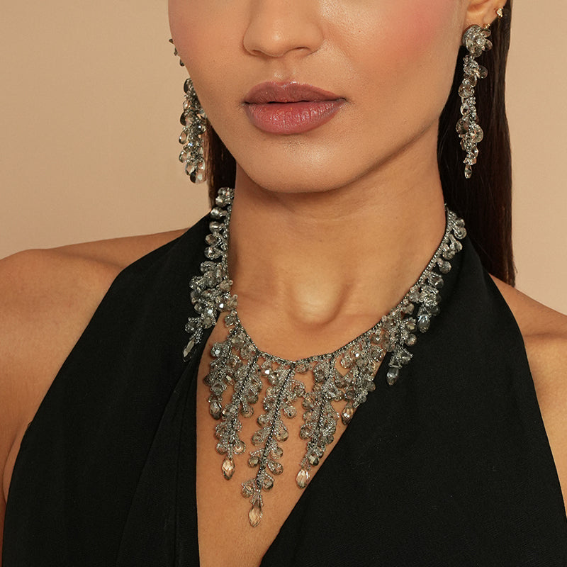 Close up of Deepa by Deepa Gurnani Felice Necklace in Gunmetal 