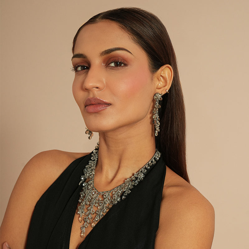 Model wearing Deepa by Deepa Gurnani Felice Necklace in Gunmetal color