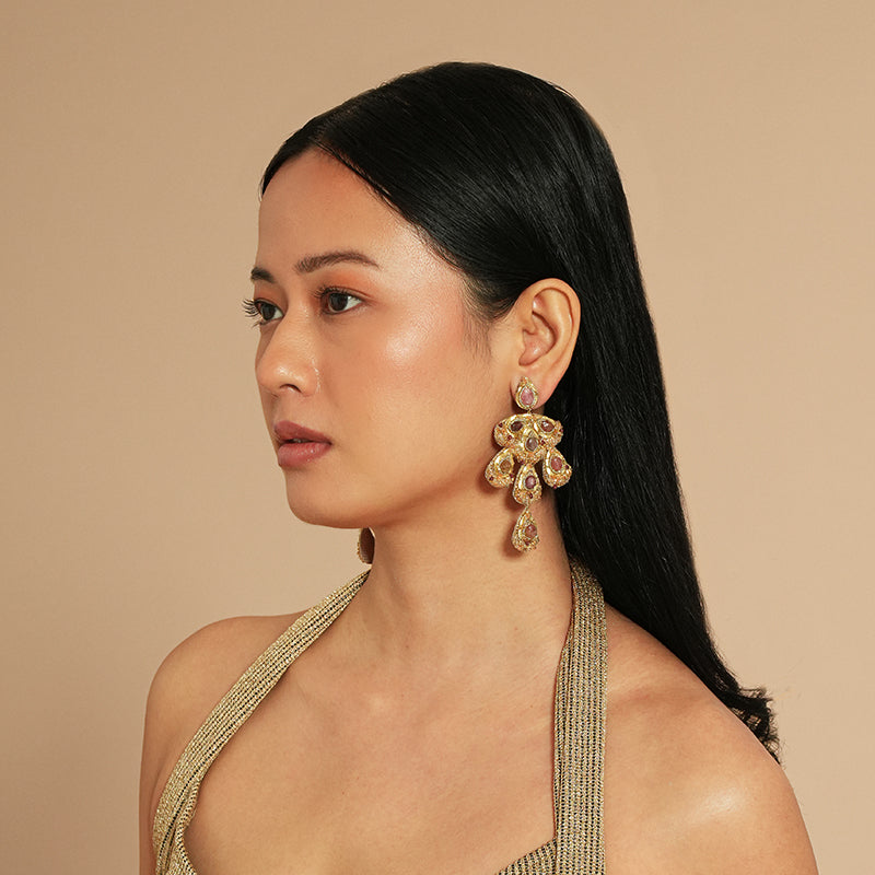 Model wearing Deepa Gurnani Rann Earrings in Tan