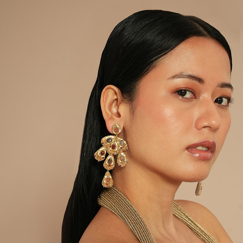 Model wearing Deepa Gurnani Rann Earrings in Tan