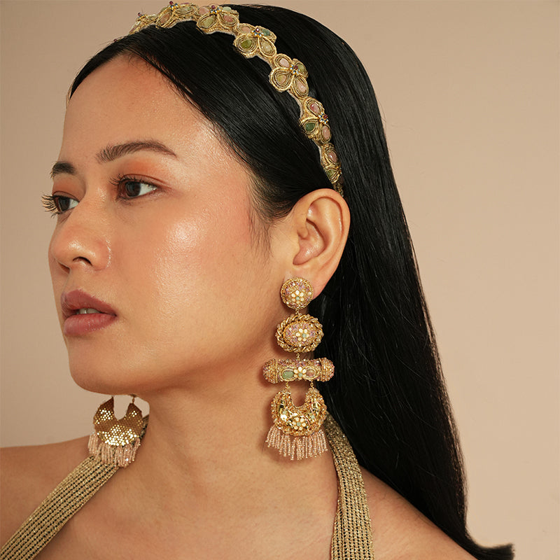 Model wearing Deepa Gurnani Nara Earrings in Pastel Multi Color 