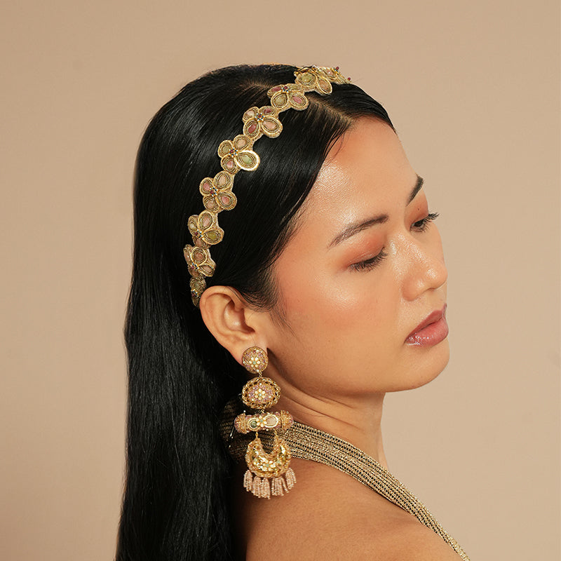 Model wearing Deepa Gurnani Radu Headband in Pastel Multi 