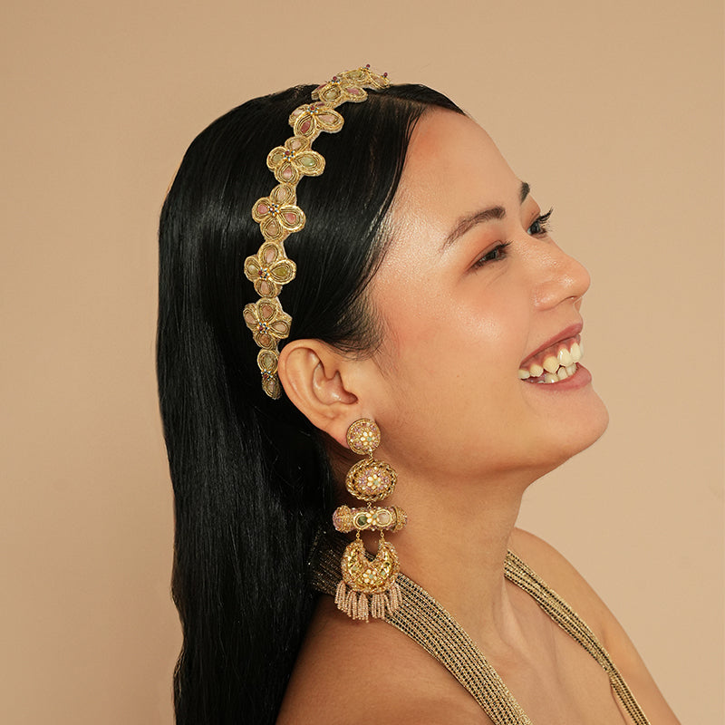 Model wearing Deepa Gurnani Nara Earrings in Pastel Multi color 