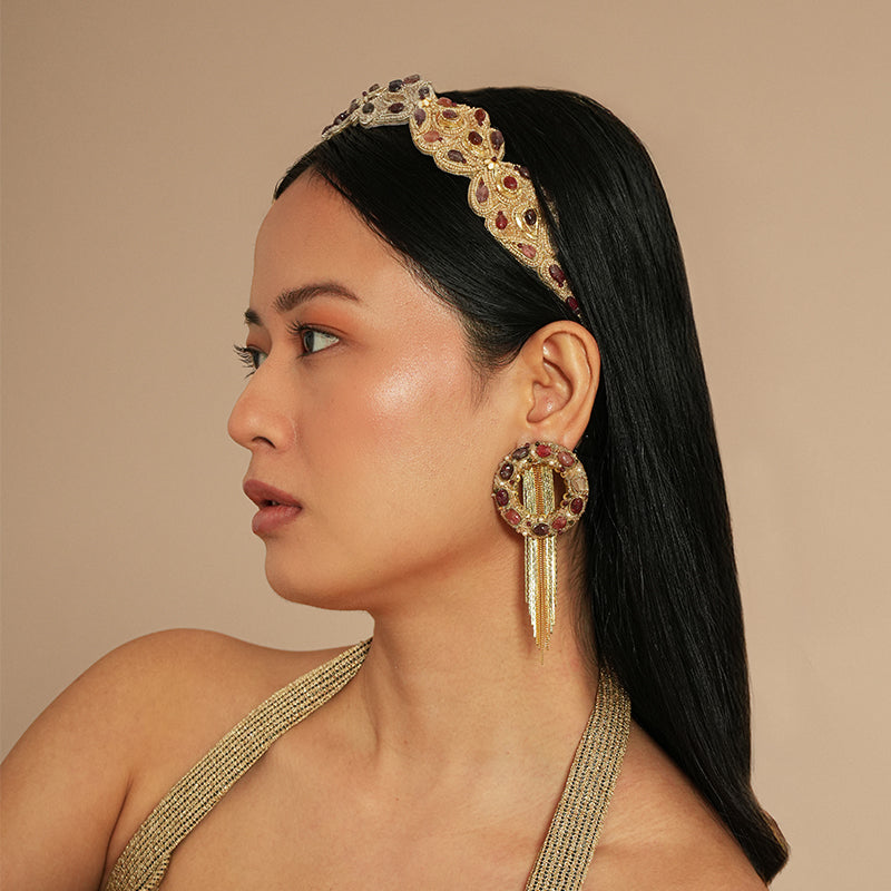 Model wearing Deepa Gurnani Banni Earrings in Tan color