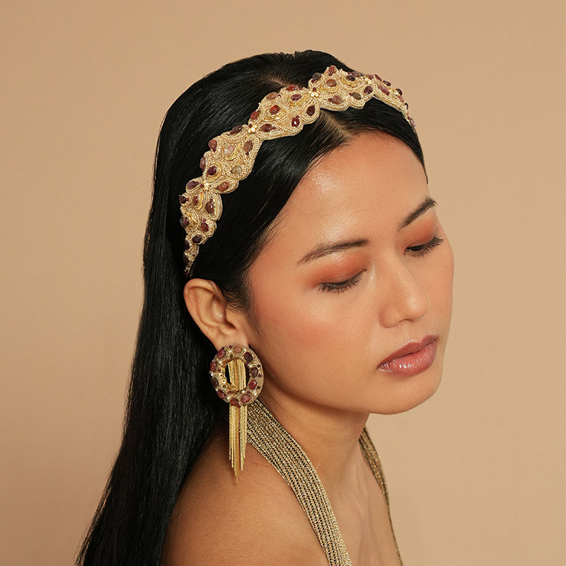 Model Wearing Deepa Gurnani Cosme Headband in Tan color