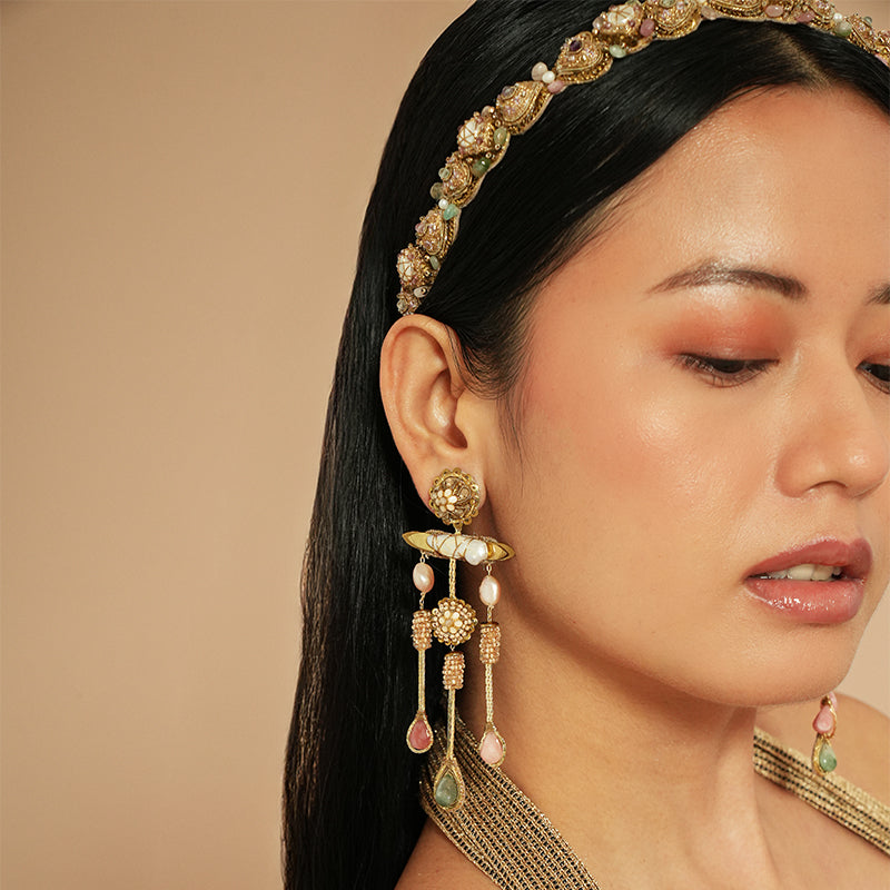 Model wearing Deepa Gurnani Sakir Earrings in Pastel Multi 