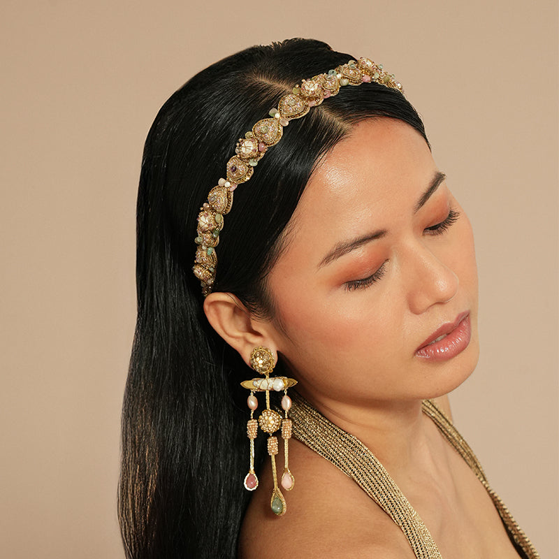 Model wearing Deepa Gurnani Seba Headband