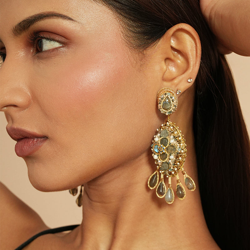 Close up of model wearing Deepa Gurnani Anja Earrings in Labradorite 
