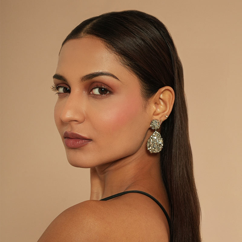 Model wearing Deepa Gurnani Kim Earrings in Gunmetal color