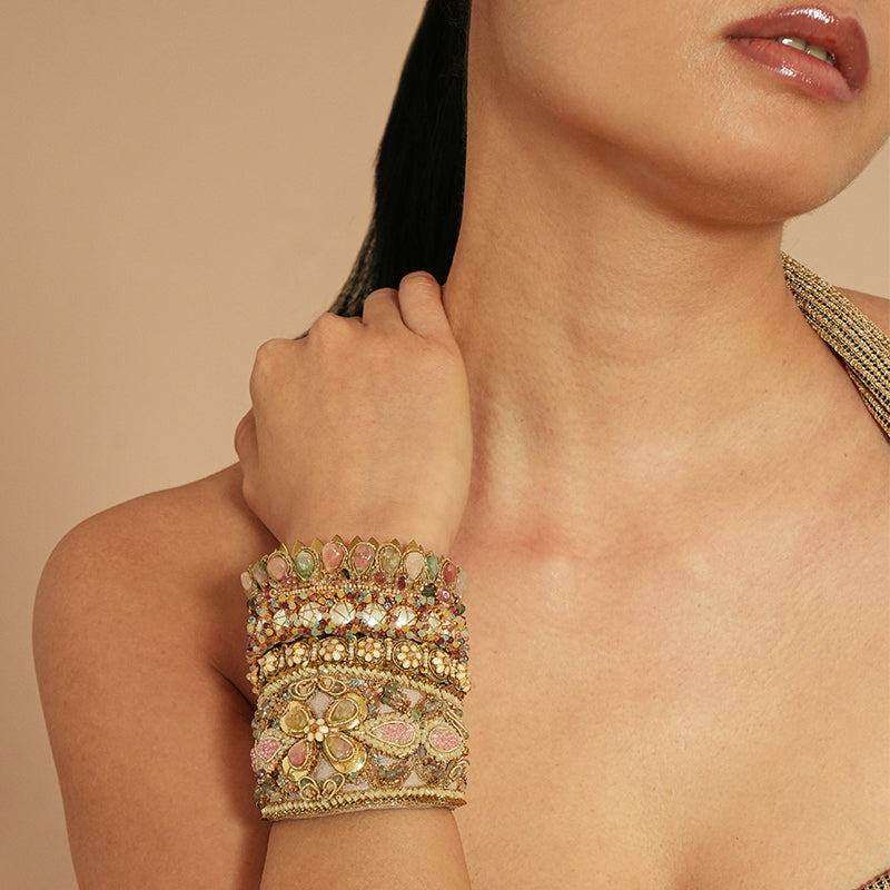 Model wearing Deepa Gurnani Nali Cuff and Luni Bracelet