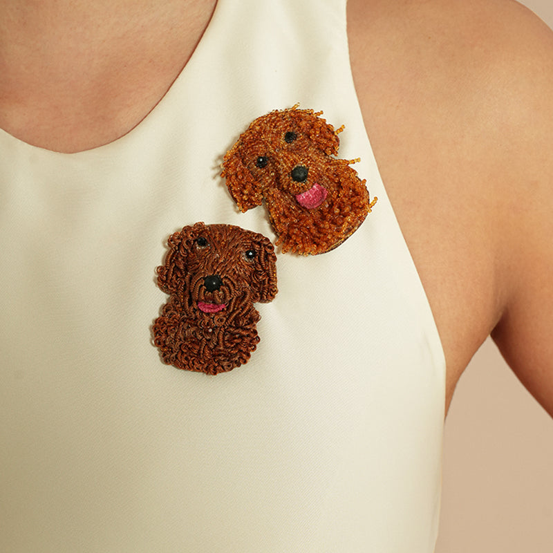 Model wearing Deepa Gurnani Goldendoodle Brooch