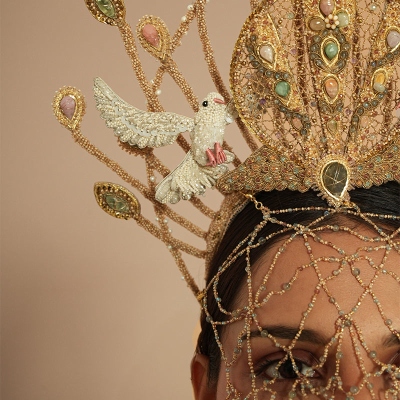 Close up of model wearing Deepa Gurnani Halo Headband