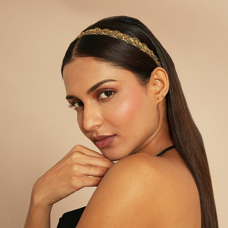 Model wearing Deepa Gurnani Pret Carelia Headband in Sage