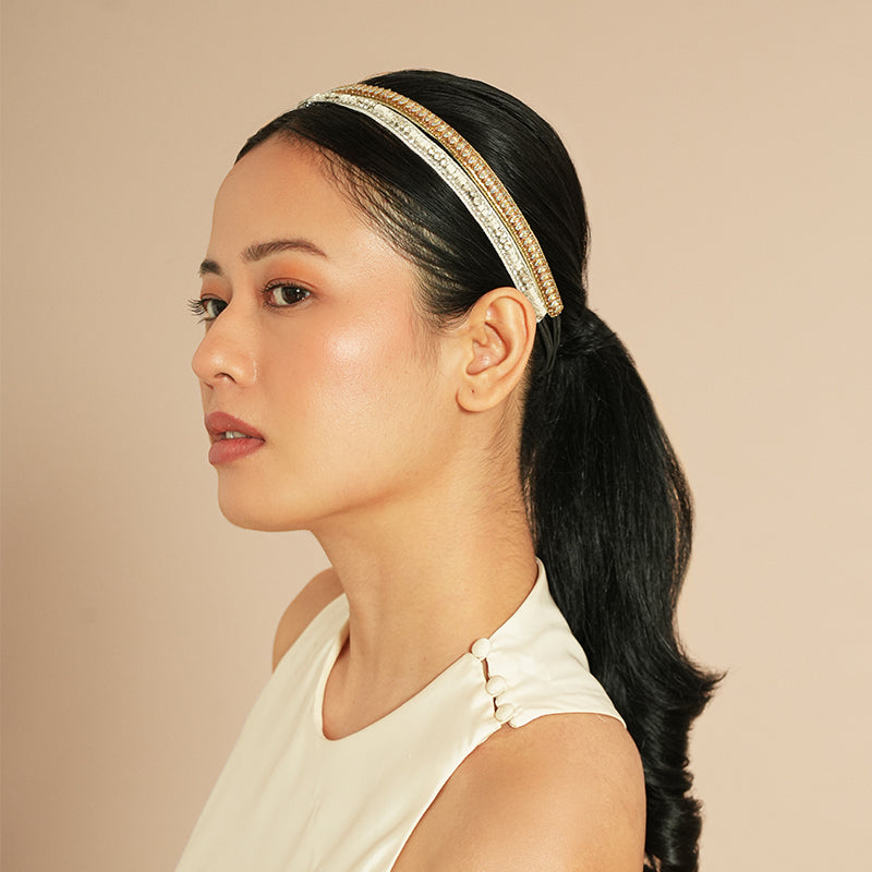Model wearing Deepa Gurnani Pret Eula Headband in White