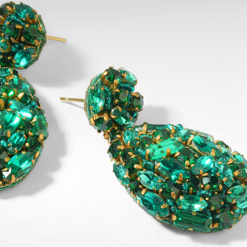 Close up of Deepa Gurnani Kim Earrings in Emerald color