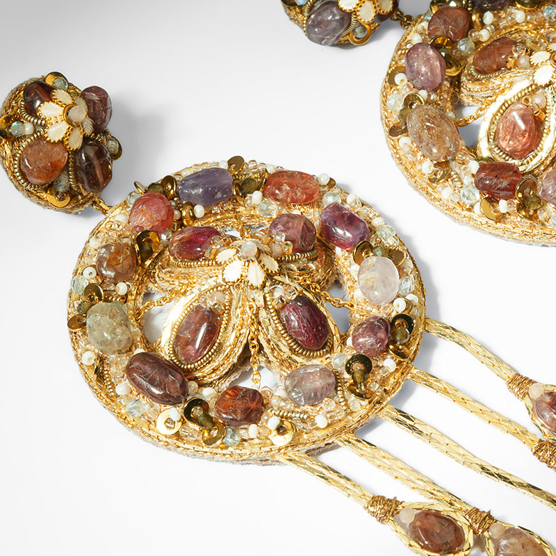 Close up of Deepa Gurnani Kala Earrings in Tan 