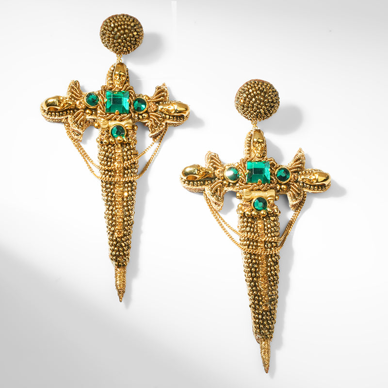 Deepa Gurnani Dagger Earrings in Emerald color
