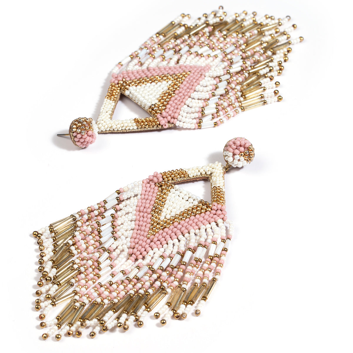Handmade beaded chandelier earrings in dusty pink