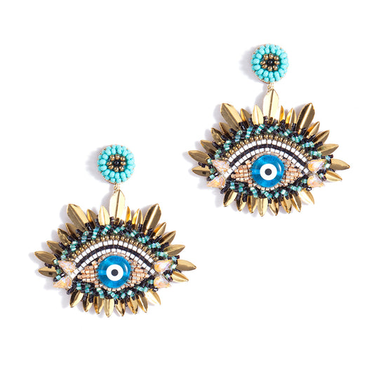handmade gold beaded evil eye earrings