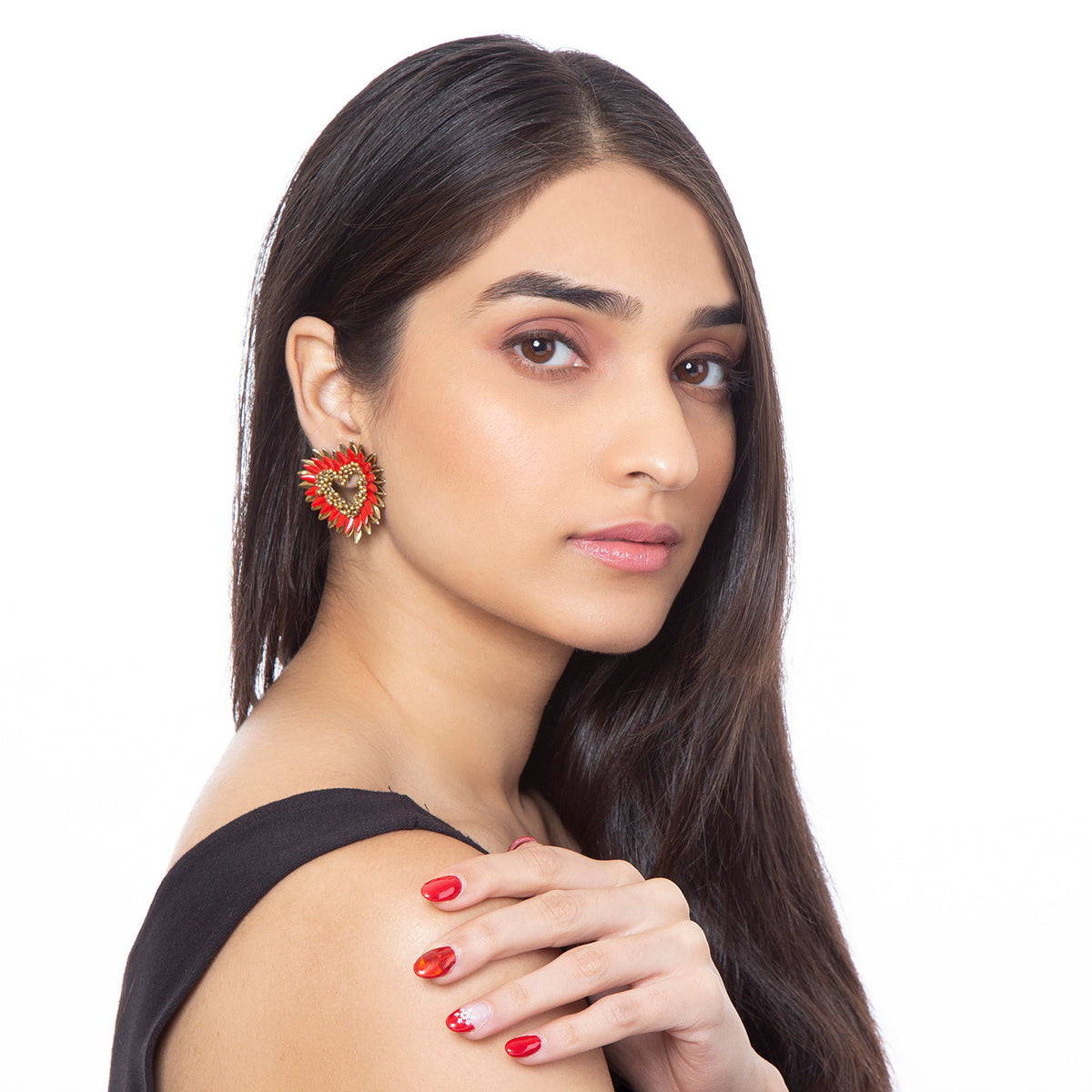 Handmade red beaded heart stud earrings
