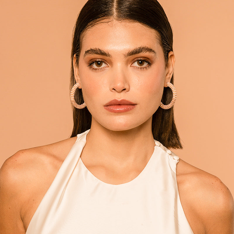 Model Wearing Deepa by Deepa Gurnani Handmade Misia Earrings In Multi Dusty Pink Color