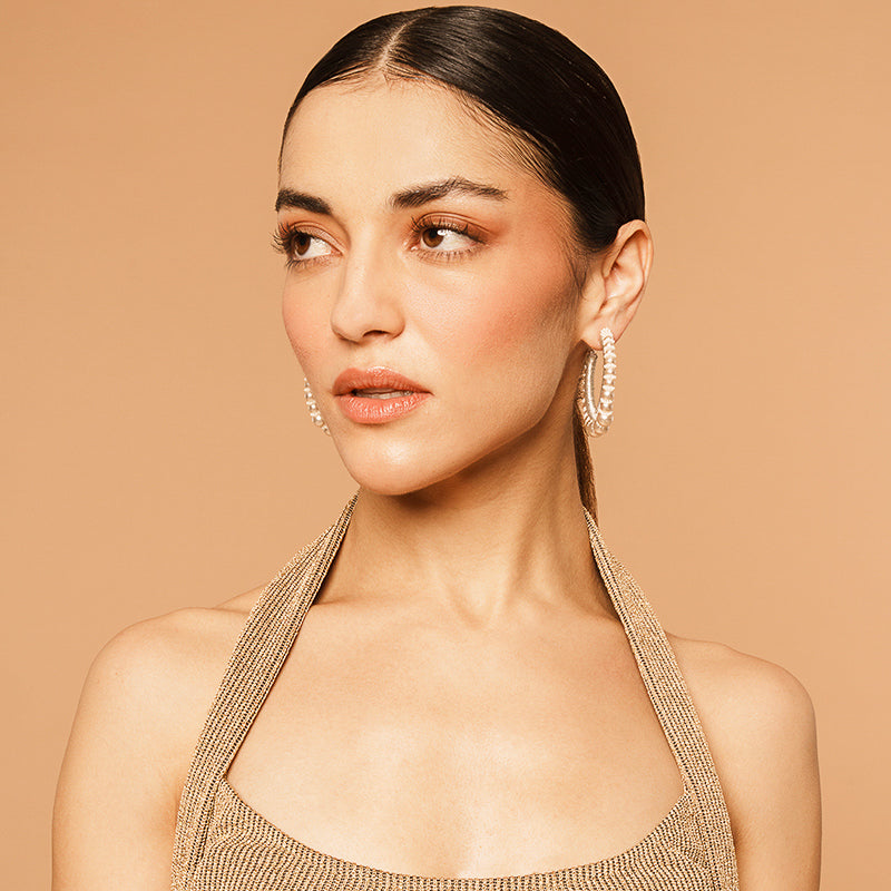 Model Wearing Deepa by Deepa Gurnani Handmade Peppa Earrings In Ivory Color