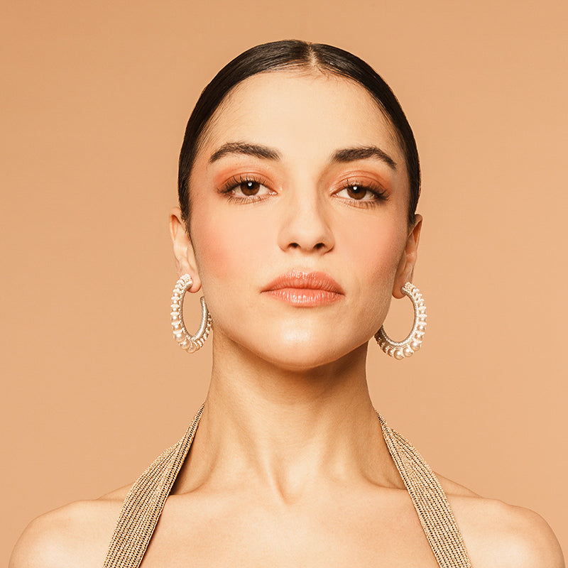 Model Wearing Deepa by Deepa Gurnani Handmade Peppa Earrings In Ivory Color