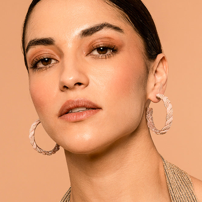 Model Wearing Deepa by Deepa Gurnani Handmade Killian Earrings In Baby Pink Color