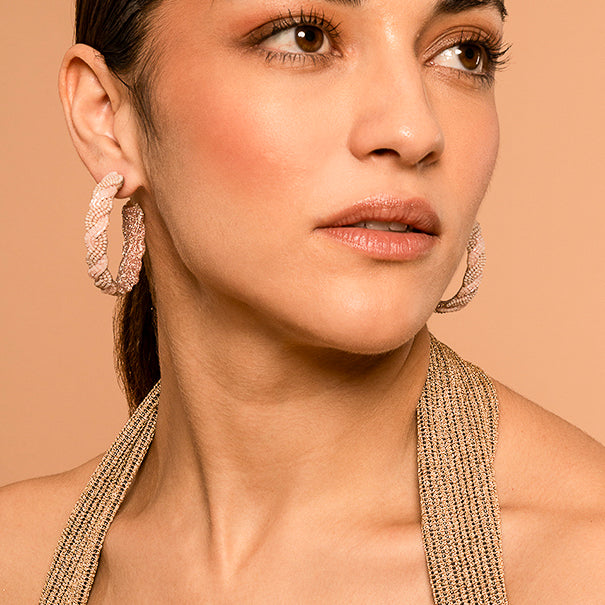 Model Wearing Deepa by Deepa Gurnani Handmade Killian Earrings In Baby Pink Color