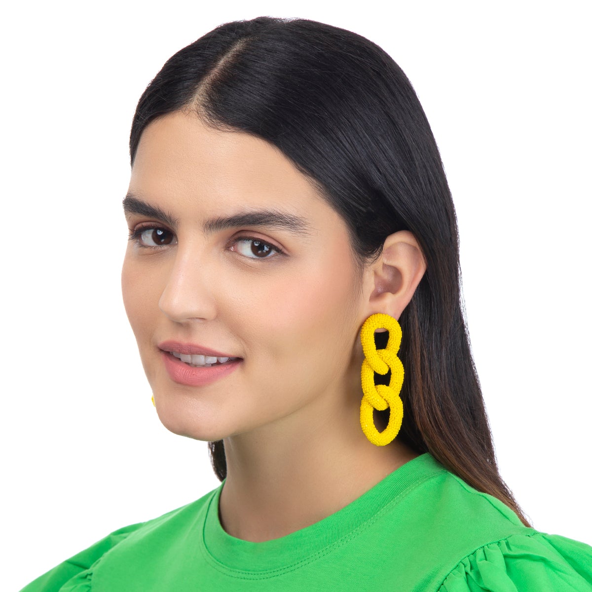 Yellow beaded three link post earrings