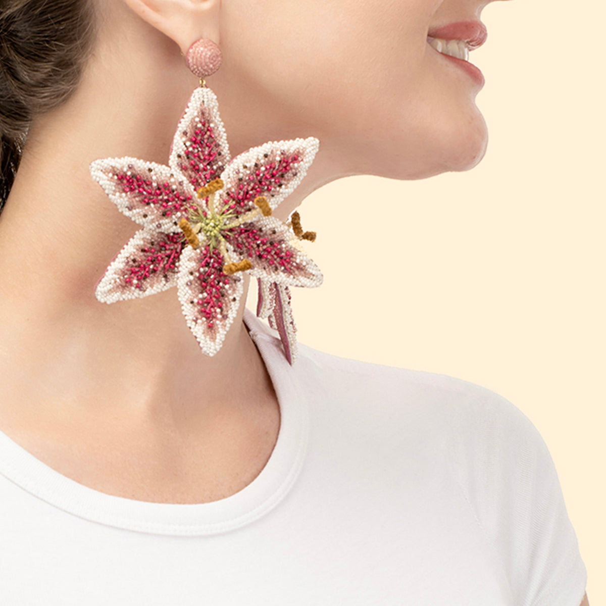 Model wearing handmade luxury Palesa Earrings