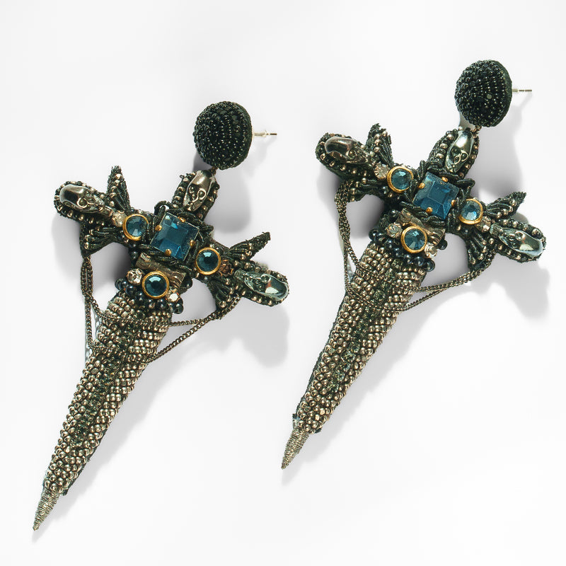 Deepa Gurnani Dagger Earrings in Gunmetal 